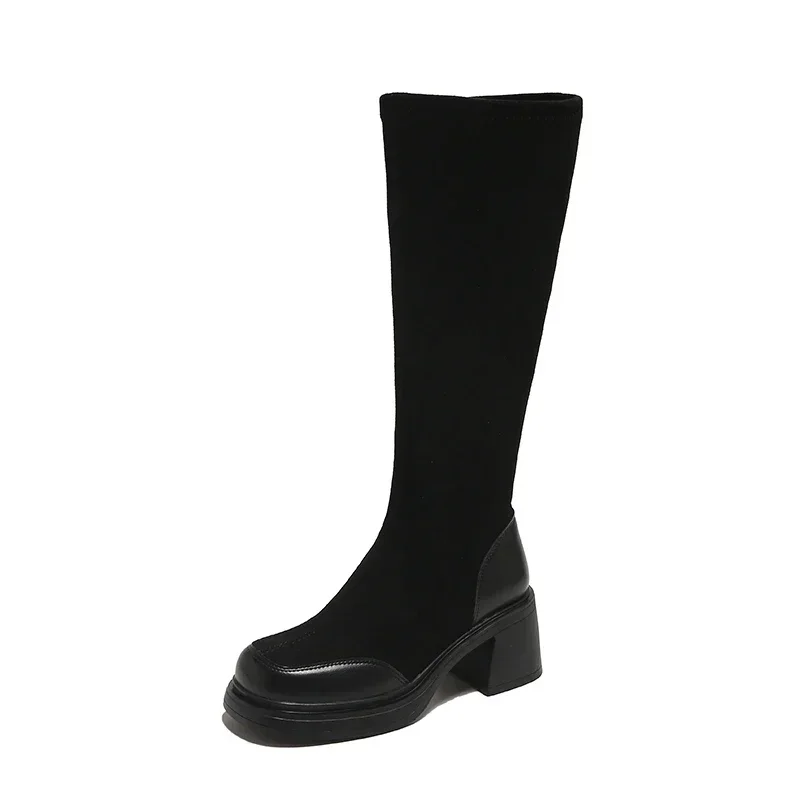 Spring and Fall Large Size 34 - 40 Women Shoes 2024 New Round Toe Women's Knee-High Boots Comfortab Square Heel High Boots Bota