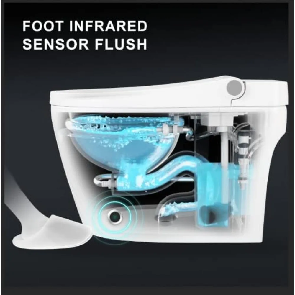 Heated Seat Smart Toilet, One Piece Toilet, Automatic Flush Tankless Toilet Without Bidet, Foot Sensor Flush, Blue Night Light 4