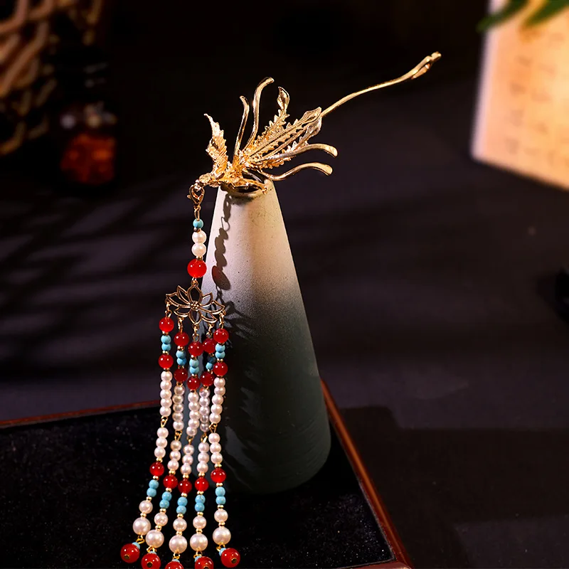 Vintage Phoenix Tassel Step Shaking Hairpin For Women Girl Hair Stick Hair Clip Costume Chinese Hanfu Accessories Pins