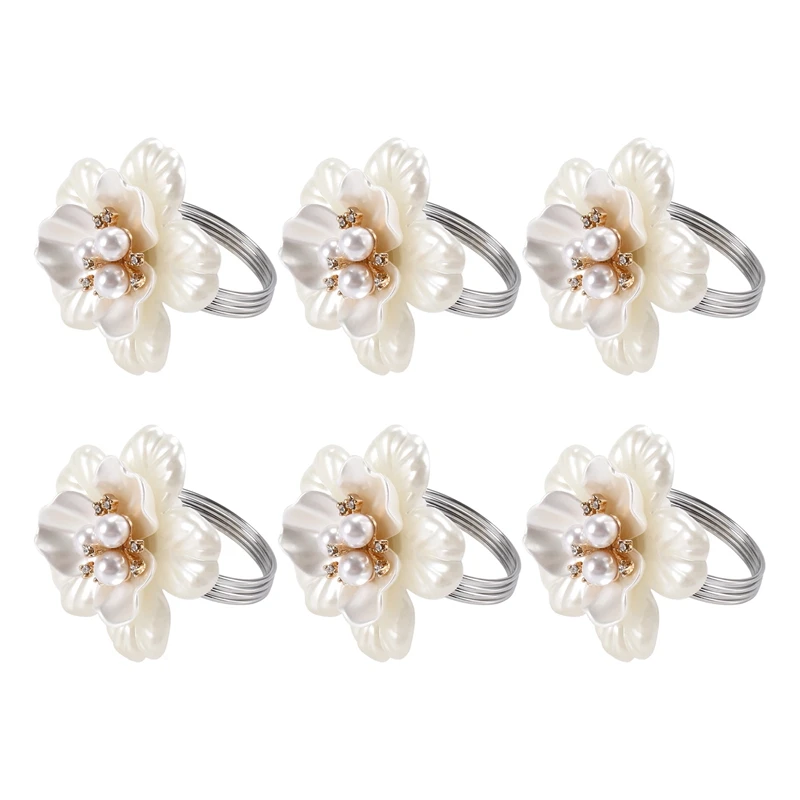 

White Pearl Flower Napkin Rings Set Of 6, Crystal Diamond Napkin Rings For Wedding Birthday Party Holder Dining Kitchen