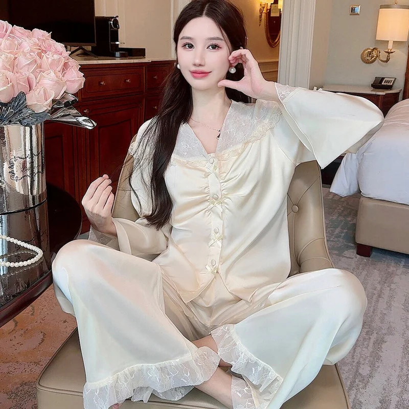 Summer Elegant French Style 2PCS Pajamas Set V-Neck Lace Ice Silk Nightwear Women Satin Pajamas Top pant  Simple Home Clothes