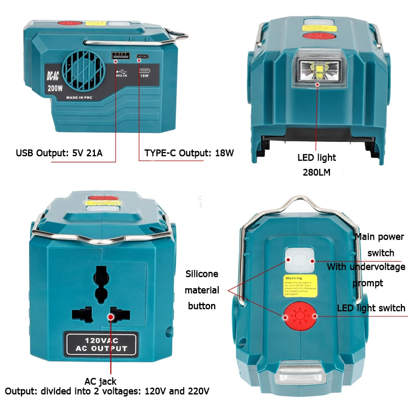 For Makita/Bosch/Dewalt/Milwaukee 18V Battery Outdoor Portable Inverter 200W AC