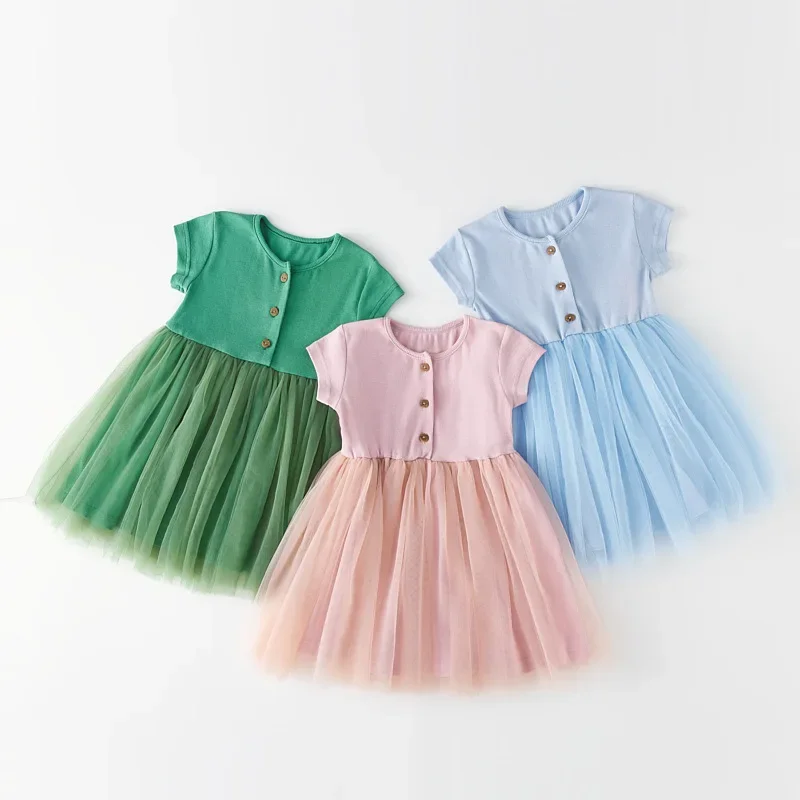 

2024 Summer New Girls Thin Knitted Mesh Dress Short Sleeve Button Splicing Baby Princess Dress Sweet Cotton Children Dress