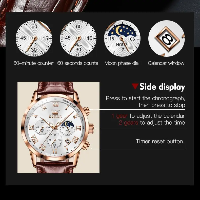 OLEVS Men's Quartz Watch Business Luxury Luminous Waterproof Leather Strap Moon Phase Week Date Casual Quartz Watch reloj hombre