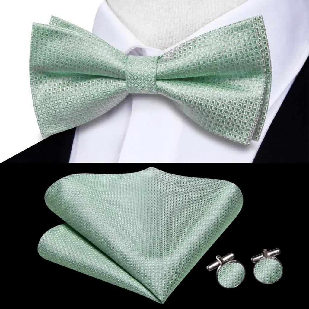 Hi-Tie Jacquard Sage Green Bowties for Men Silk Butterfly Tie Bow Tie Hanky Cufflinks Wedding Party Gift Bowtie