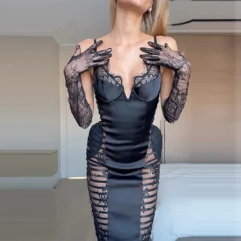 Sexy Cutout Lace Trim Satin Bodycon Midi Dress Women's Elegant Strap Slim Sleeveless Dresses Lady New Trend Club Date Night 1