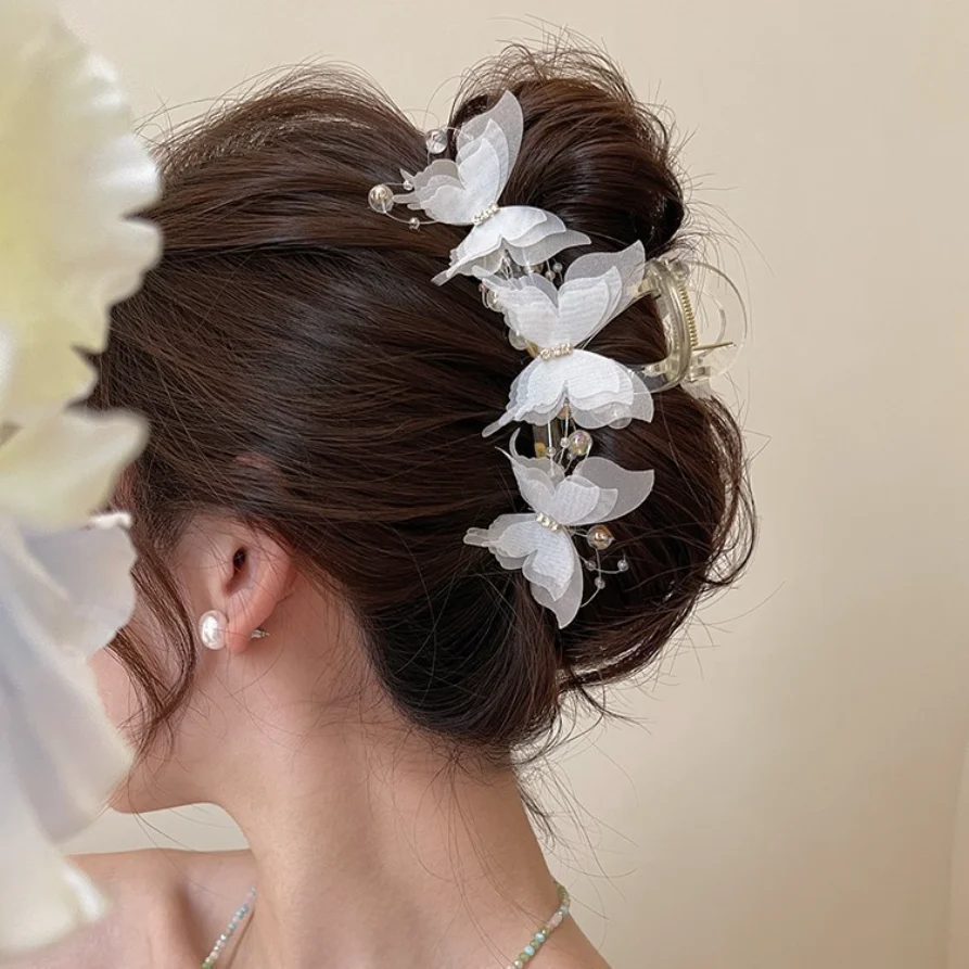 Neue Mode Simulation Schmetterling Haar Clips Frauen Elegante Perle Bogen Pferdeschwanz Clip Süße Krabben Klaue Kopfschmuck Haar Zubehör