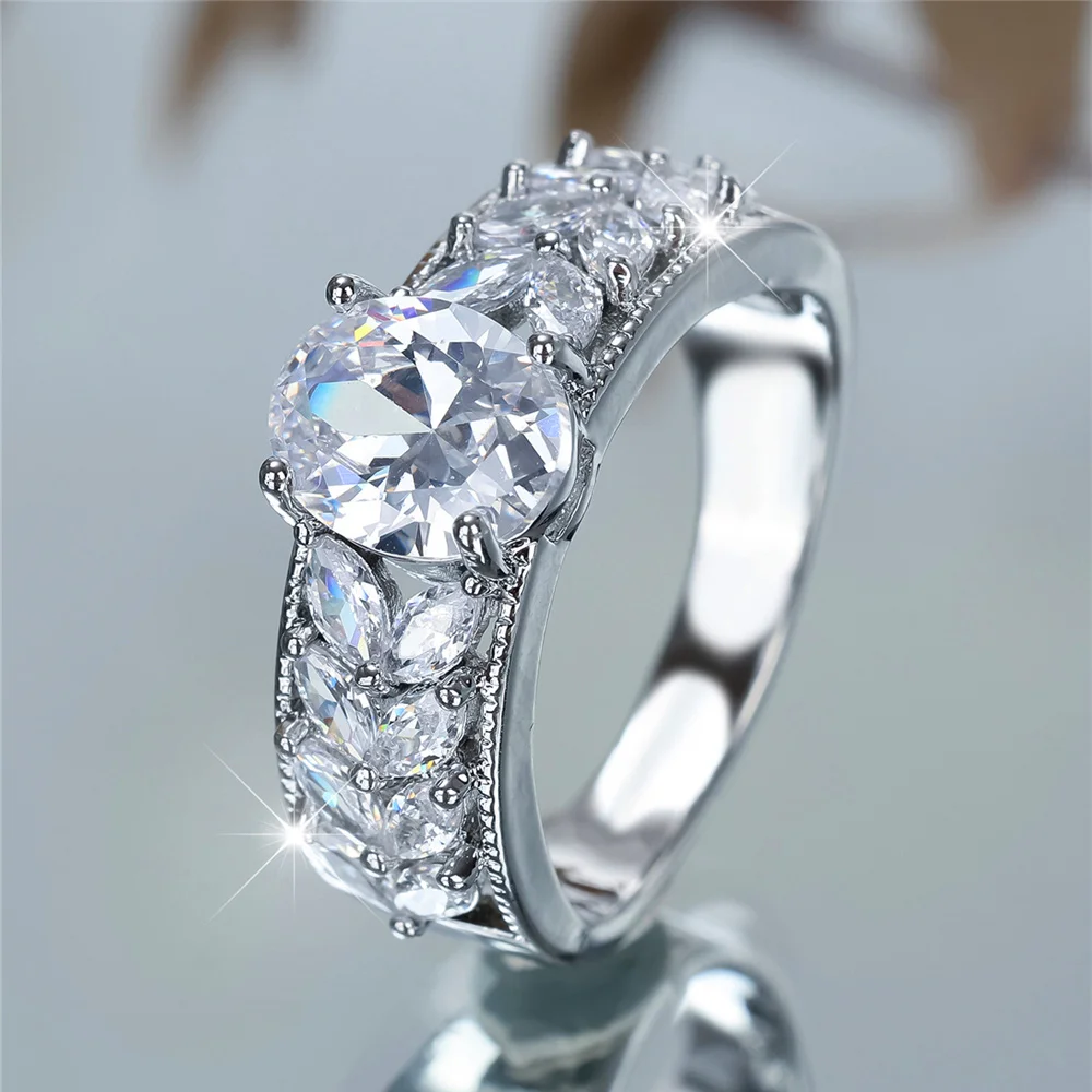 Charm Female White Stone Oval Ring Silver Color Cute Gift Wedding Jewelry For Women