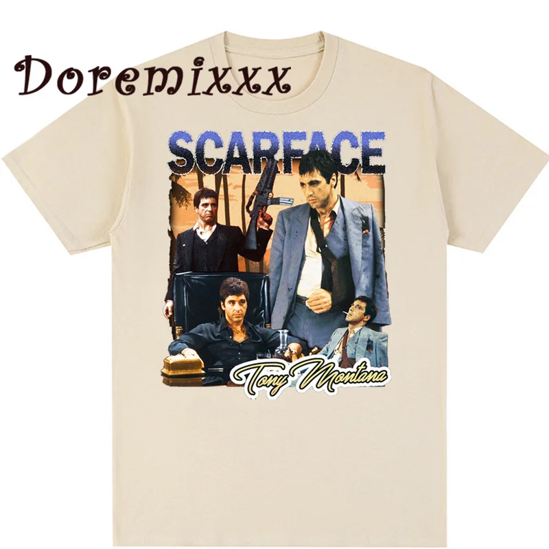 Vintage 90s T-shirt Scarface Tony Montana Graphic Tees Short Sleeved  T-shirt Men Loose Ins Streetwear Oversized T Shirt Male