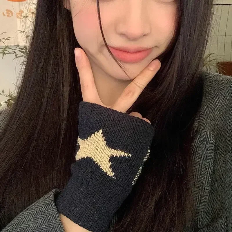 Fingerless Gloves Y2K Fashion Pentagram Knitted Fingerless Winter Gloves Soft Warm Wool Knitting for Men Women
