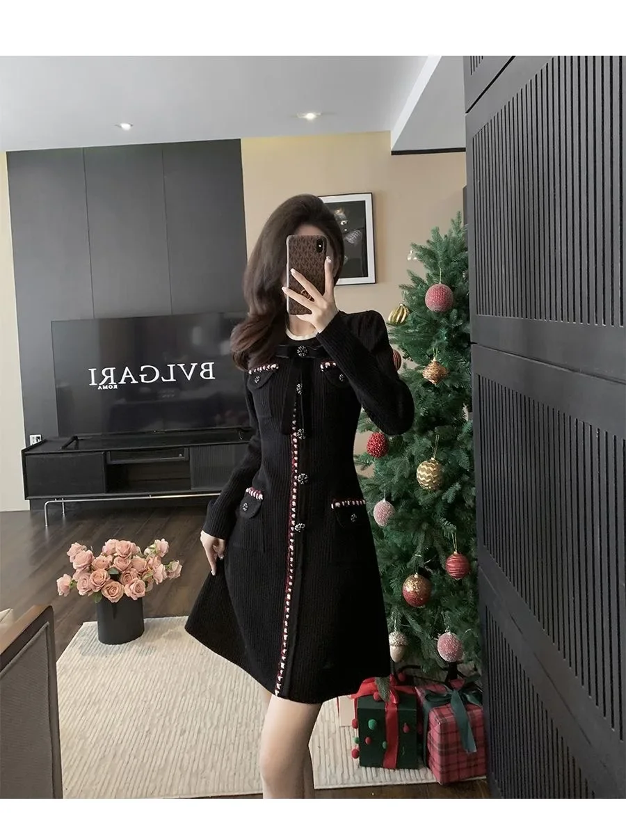 French style autumn and winter bow long sleeved knitted slim fit dress A-line skirt