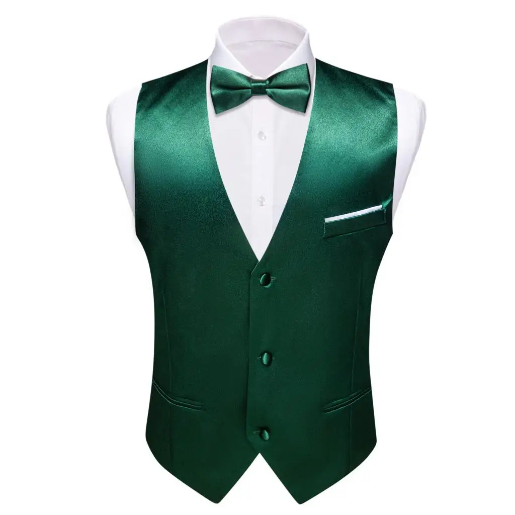 Luxury Silk Vest for Men Green Solid Waistcoat Bowtie Tie Set Wedding Business Sleeveless Jacket Male Suit Barry Wang