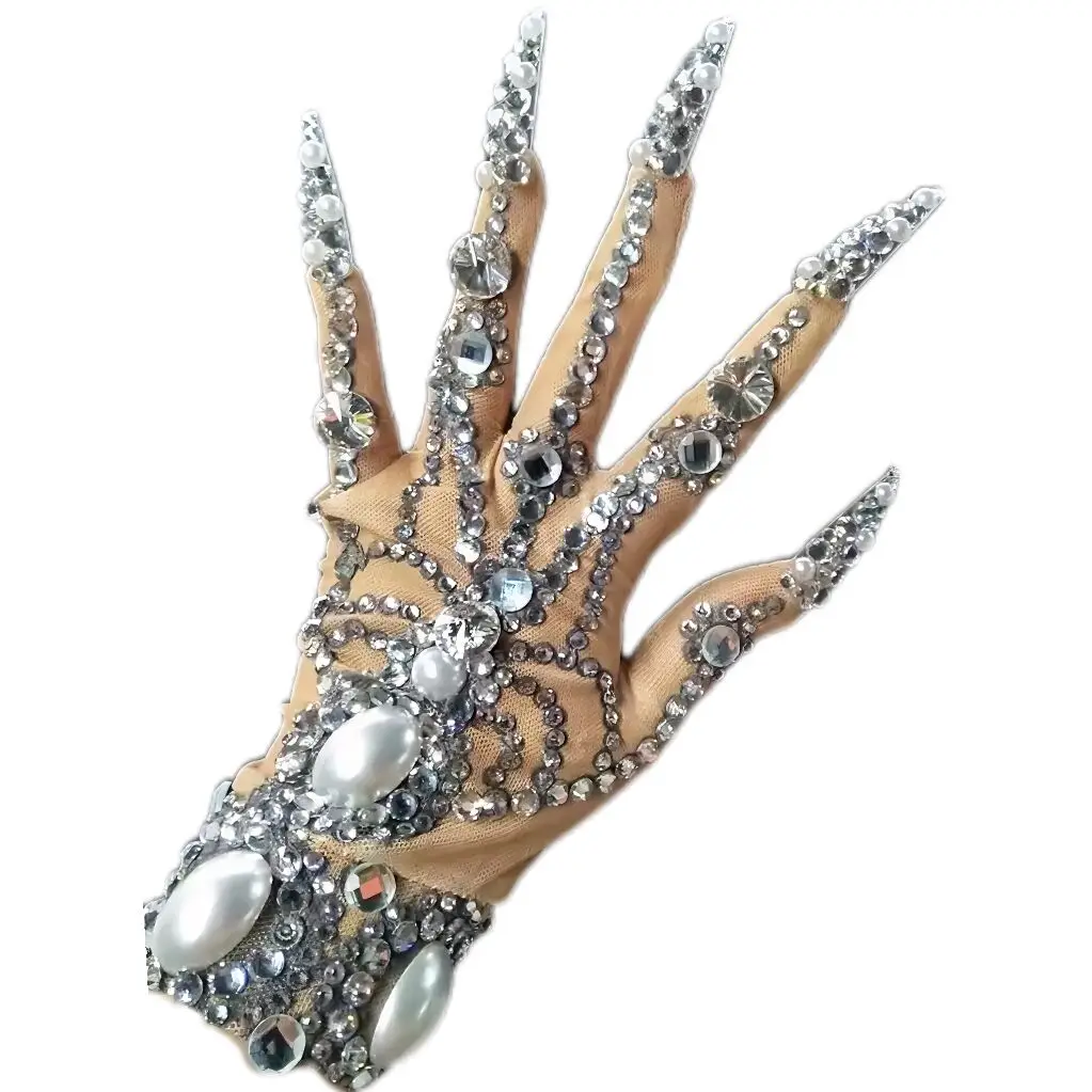 

Sparkly Big Crystal Wrist Gloves Stretch Rhinstones Gloves Dancer Singer Nightclub Performance Stage Wear