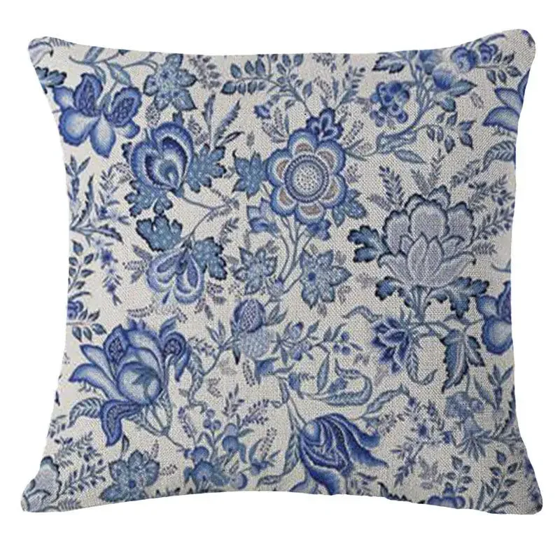 Vintage Blue Flower Cotton Linen Pillow Case Chinese Style Pillow Cover Bird Girl Pattern Cushion Cover for Home Decor 45*45 CM