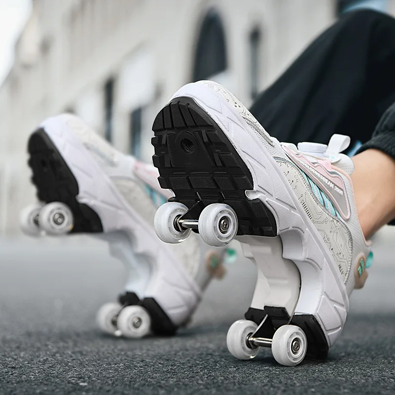 4 Wheels Roller Skates Shoes Deform Quad Skate 2 in 1 Kids Casual Deformation Parkour Runaway Sneakers Unisex Footwear Gift 2023