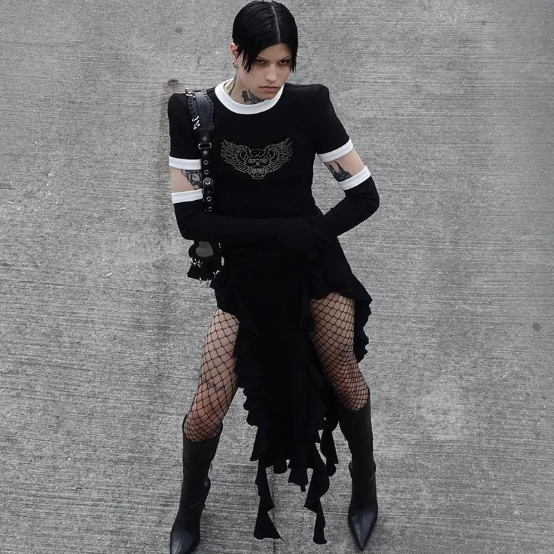 

Patchwork Ruffles Graphic Slit Dark Punk Dress Women O Neck Sleeve Cover High Waist Hips Wrapped Slim Fit Y2k Dresses Streetwear