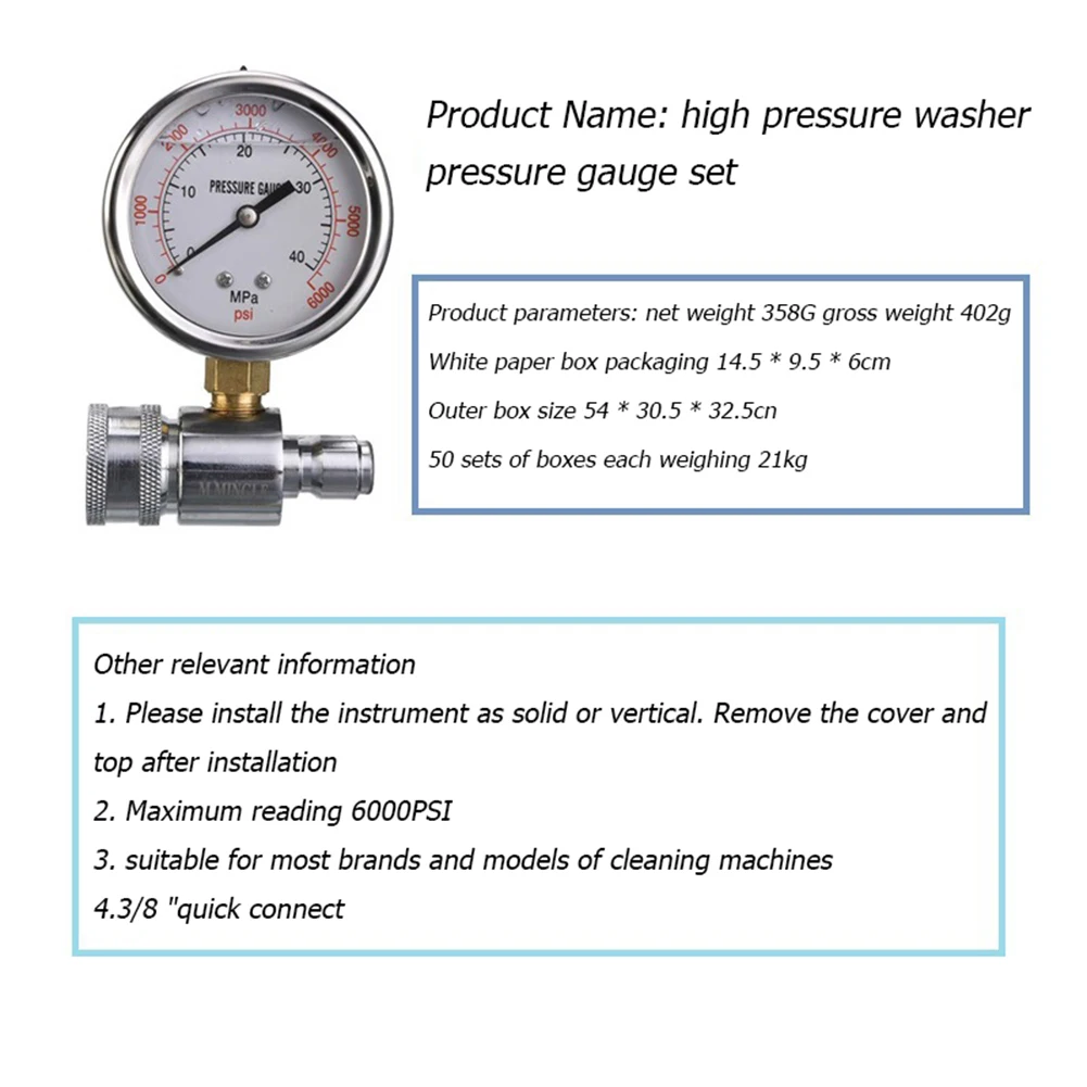 스테인레스 스틸?압력 세척기 압력 게이지 6000PSI/40MPa 3/8인치 QD 피팅 텔레스코픽 브러시 마이크로파이버 타월
