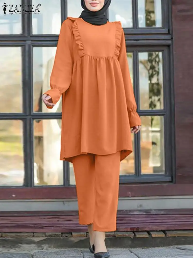 

ZANZEA Spring Fashion Muslim Sets Elegant Urban Tracksuit Long Sleeve Ruffles Blouse Pants Suits Women Solid Islamic Clothing