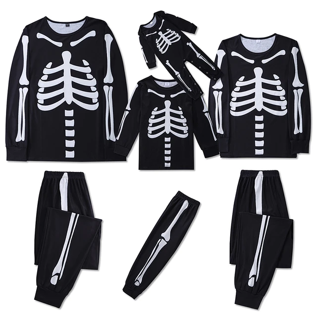 Fantasia de Halloween para adultos combinando a família, pijama de  esqueleto com capuz e zíper, pijama feminino G