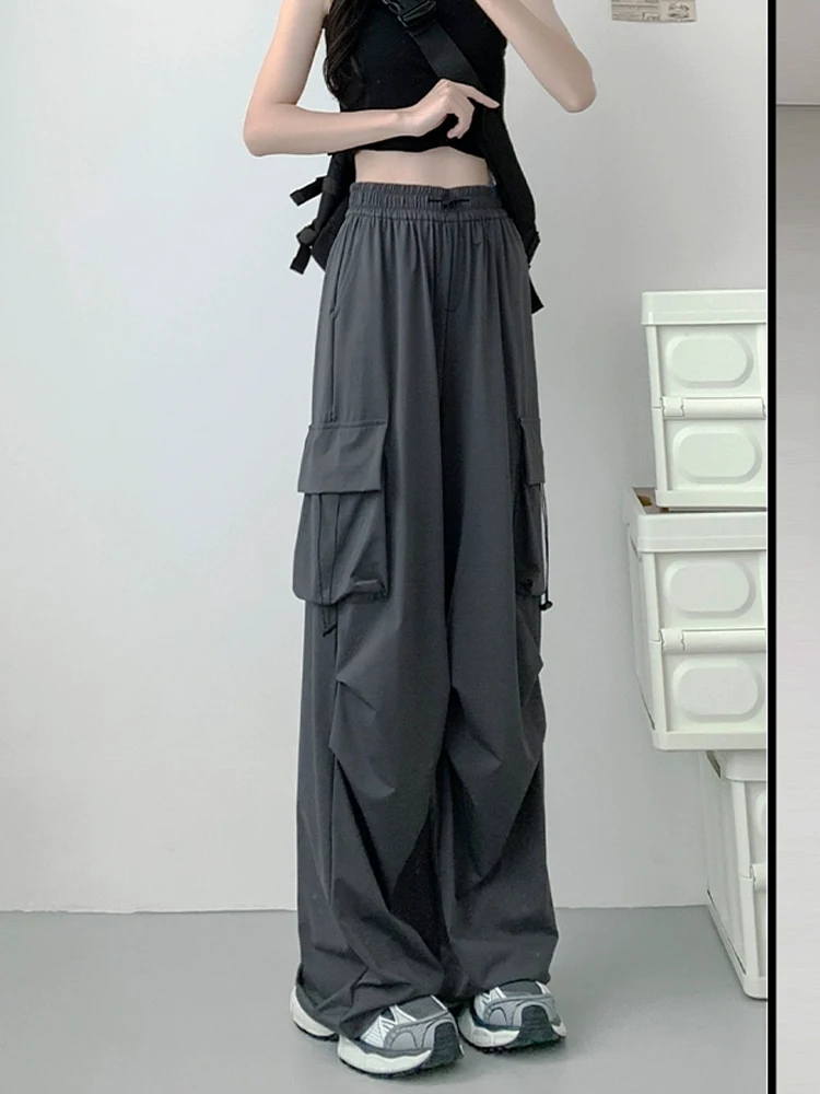 

VITALITYEC Grey Overalls Women Summer 2023 New Parachute Casual Wide-Leg Pants Autumn High Waist Thin American Sports Pants