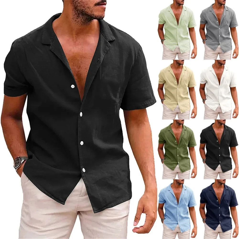 Cotton Linen Hot Sale Men's Short-Sleeved Shirts Fashion Solid Summer Solid Color Turn-down collar Casual Beach Style Plus Size
