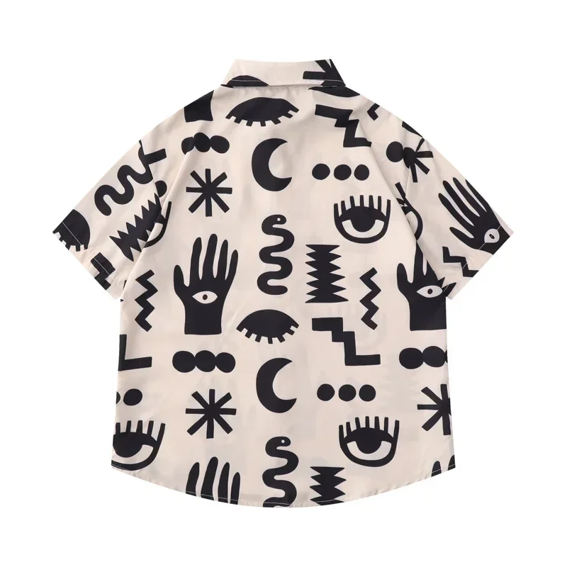 Retro Hiphop Print Short Sleeve Shirt Men Fashion Brand Personalized Loose Casual Coat for Summer
