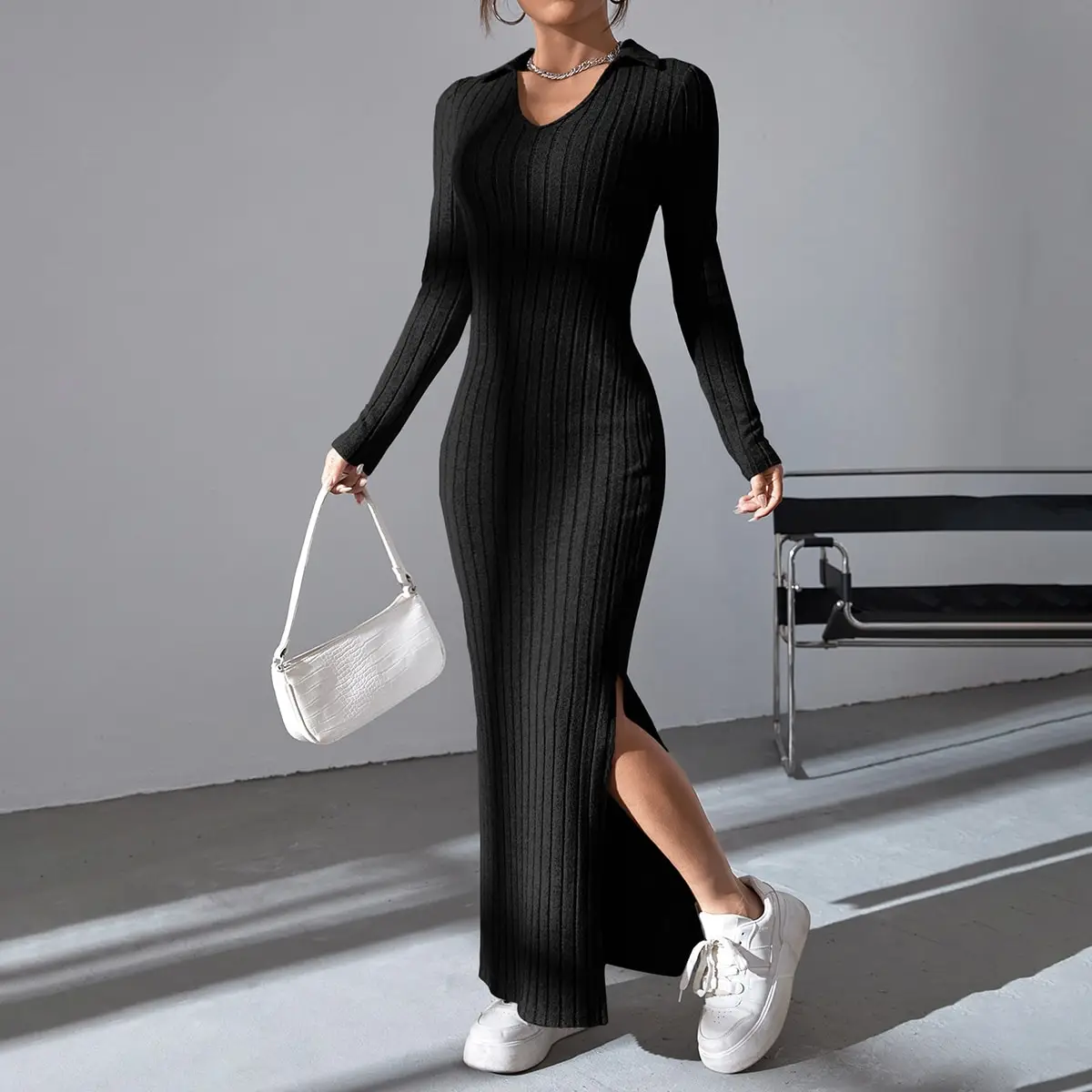 Black Temperament Pit Strip Slimming Dress Autumn/Winter Casual Waist Wrap With Hip V-neck Knit Dress 6