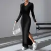 Black Temperament Pit Strip Slimming Dress Autumn/Winter Casual Waist Wrap With Hip V-neck Knit Dress 6