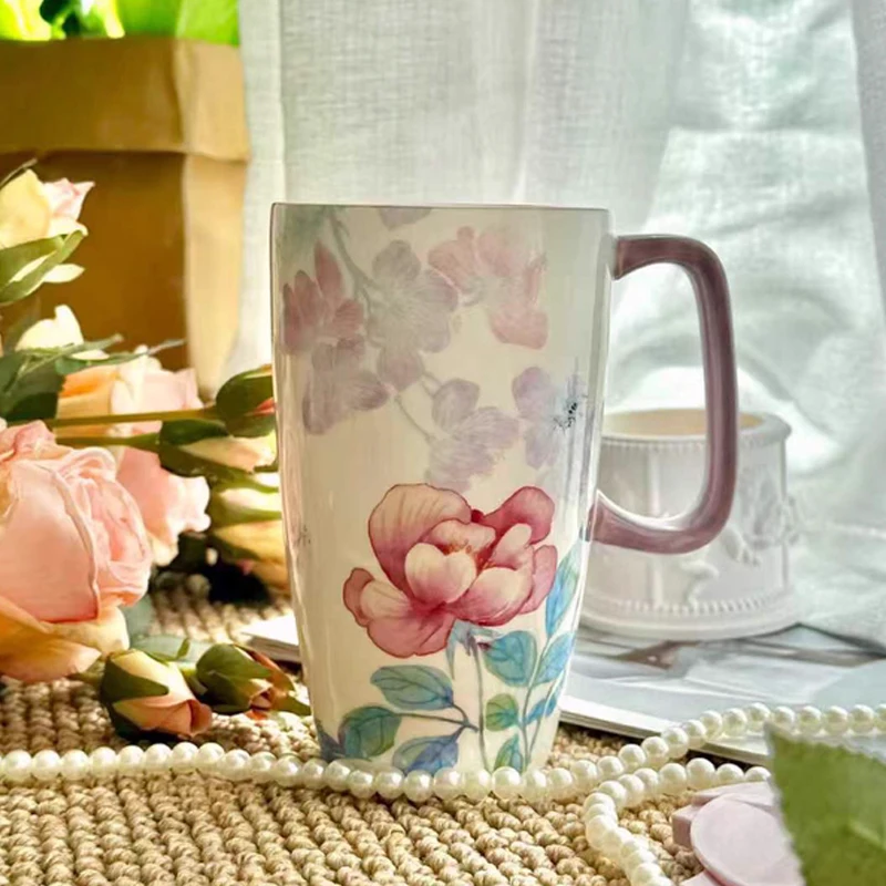 Chinese Style Ceramic Gift Cute Mug, Home Personal Office Creative Hand Drawn Flower Patterns, Milk Water Coffee Cup, 600ml, 1Pc