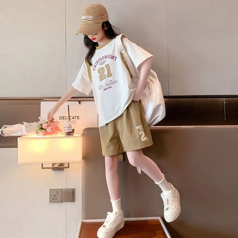 

2023 Summer School Girls Sweet Letter T-Shirt Tops+Shorts Pant Sets Children Tracksuit Kids 2PCS Outfit Preppy Suit 5-14 Years