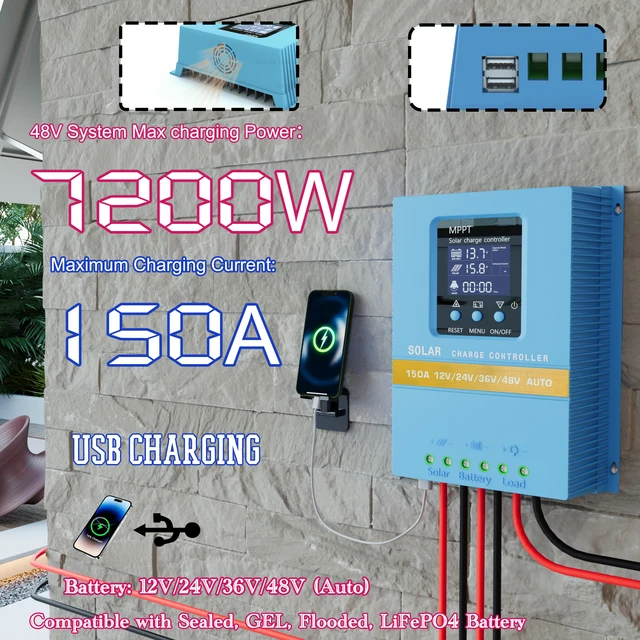 Contrôleur de Charge solaire 150A Max 7200W 120A 100A 60A, ventilateur de refroidissement intelligent MPPT, double USB automatique 12V/24V/36V/48V, écran LCD 7 Modes 1