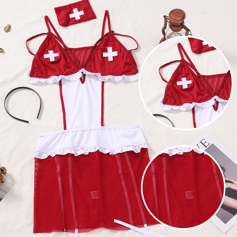 Sexy Nurse Lingerie Costume Cosplay Suit Womens Sexy Underwear Lingerie Costume Red & White G-String Bodysuit