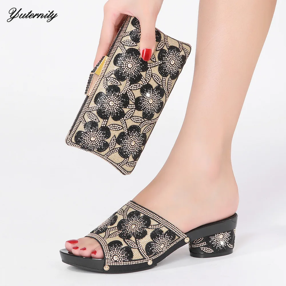 

Nigerian Style Woman black Shoes And Matching Bag Set Italian Rhinestone High Heels Shoes With Bag For Party Size 38-43
