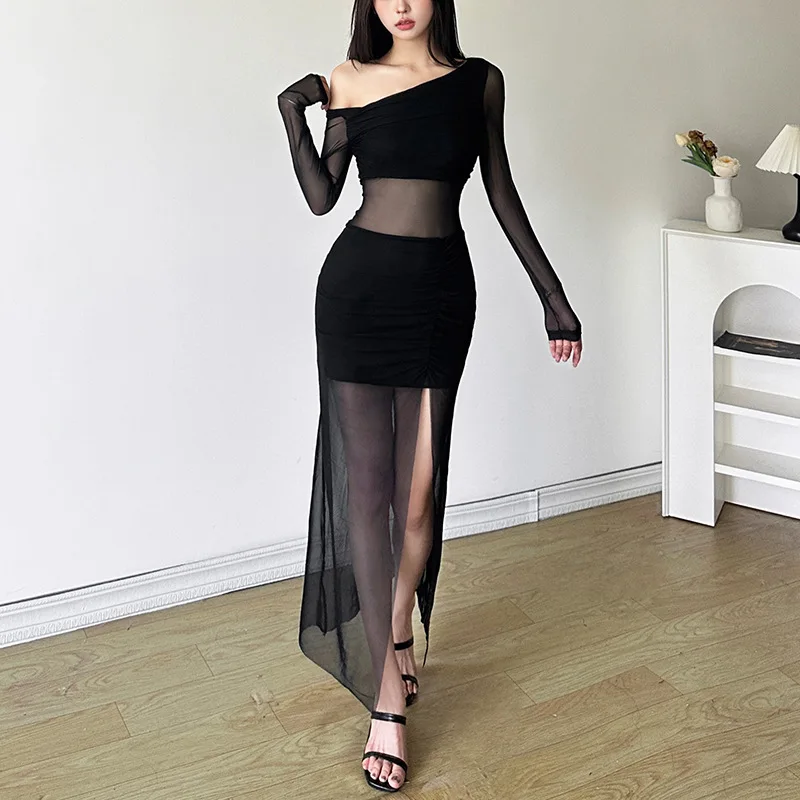 Black Dresses Women Elegant Solid Color See Through Round Neck Long Sleeve Split Party Dress Club Dresses Streetwear