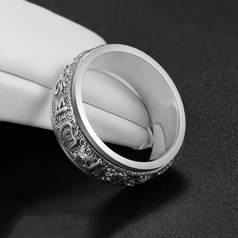 Timeless Silver 925 Rotating Men's Ring with Six-Character Mantra Design