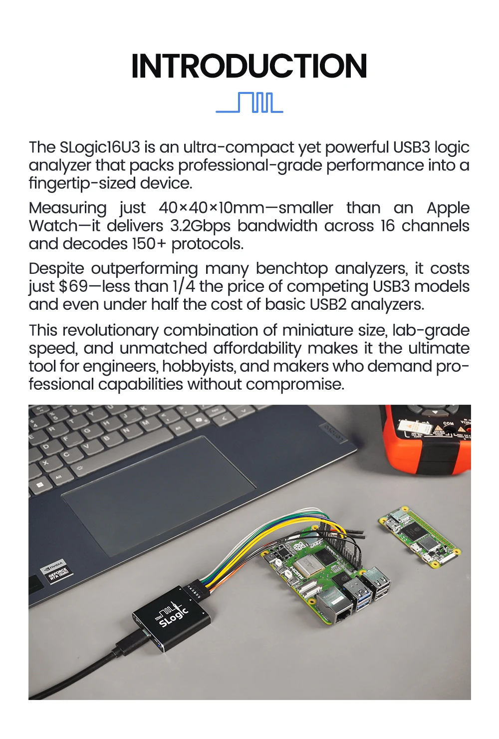 Sipeed SLogic16U3 16CH 800MS/s 5Gbps USB3 Logic Analyzer Adjustable Threshold WI