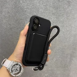 Liquid Silicone Phone Case with Lanyard and Card Holder Wallet - iPhone 15 Plus (Black)