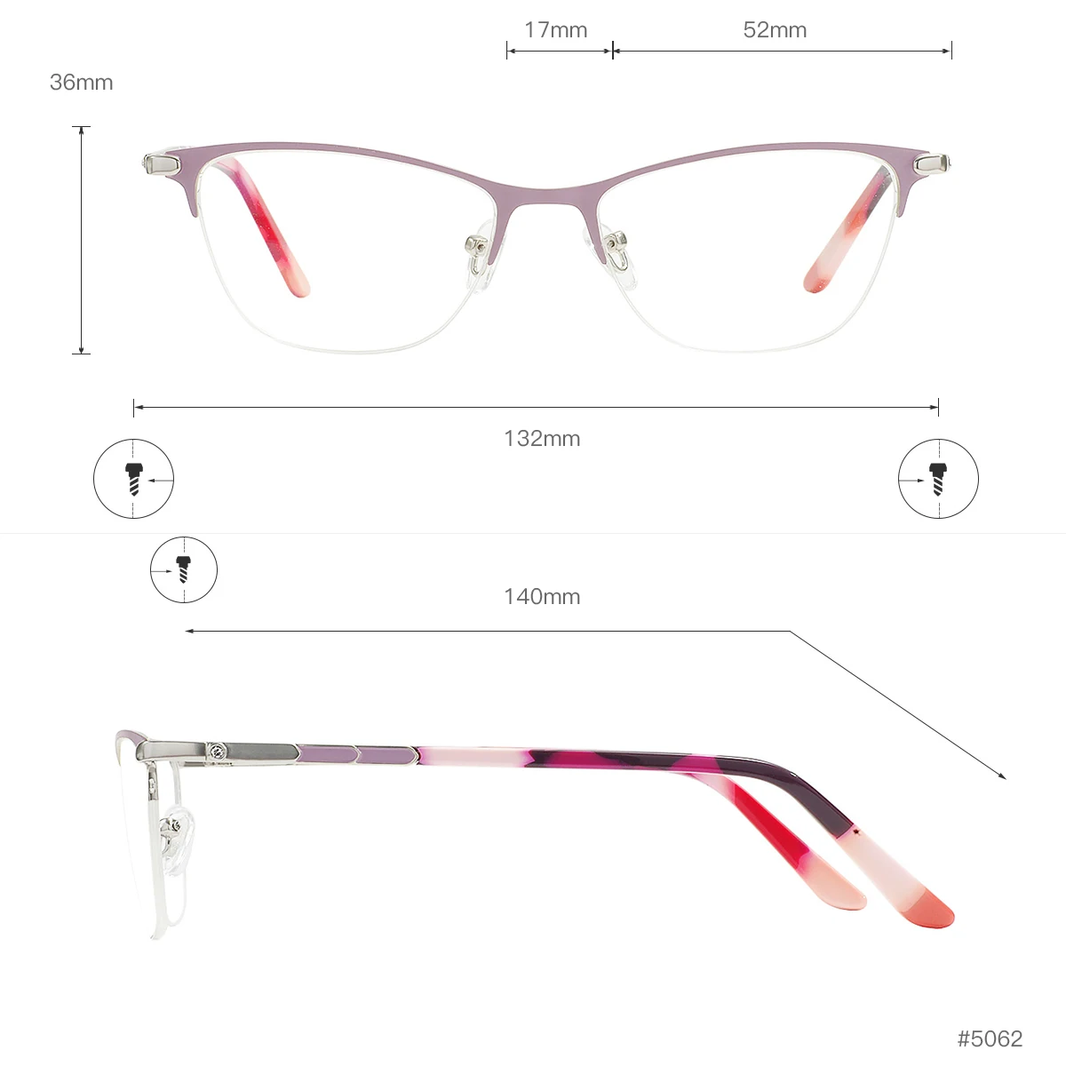 Women Cat Eye Eyeglasses Half Rim Metal Glasses Frame With Spring Hinge For Prescription Lens