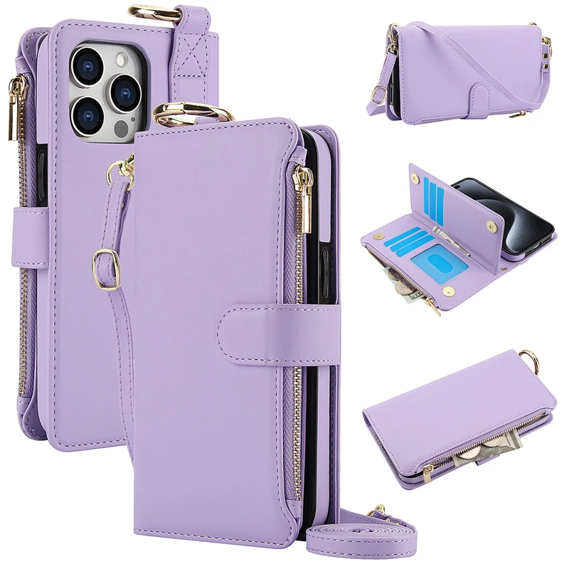 Premium Zipper Wallet Phone Case with Multifunction Card Holder and Flip Cover Strap