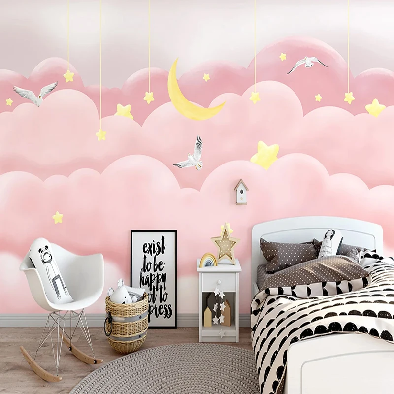 Photo Wallpaper Modern Nordic Style Hand-painted Pink Clouds Starry Sky Fantasy Children's Bedroom Background Wall Mural Fresco