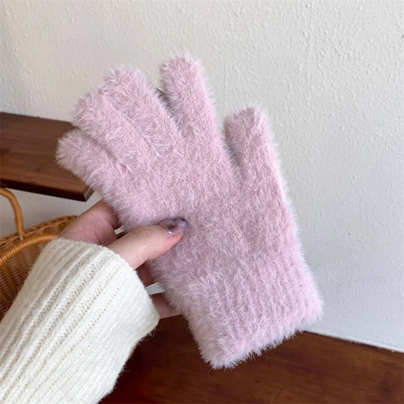 Korean Faux Fur Full Finger Gloves Women Winter Cashmere Wool Thick Warm Wrist Plush Gloves Solid Color Mittens