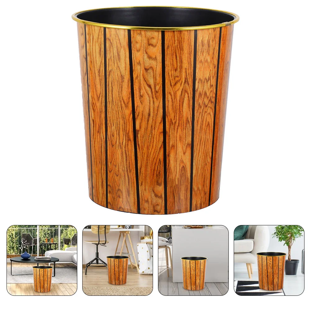 

Plastic Trash Can Wastebasket Imitation Wooden Grain Garbage Container Trash Container
