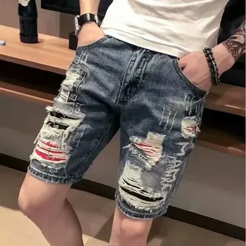 스키니 그래픽 찢어진 남성 데님 반바지, 멀티 컬러 슬림 남성 짧은 청바지 바지, 럭셔리 디자이너 트렌드 2023 Y2k 스트리트웨어 스판스