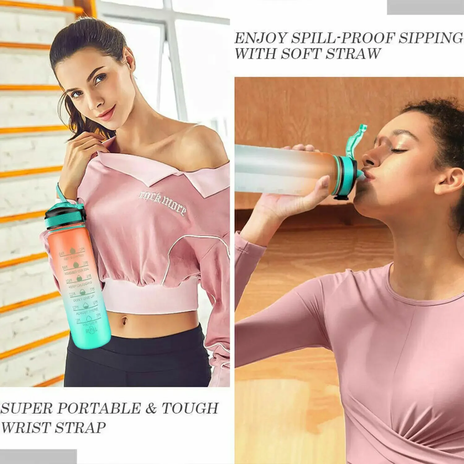 1L Sports Water Bottle with Straw and Time Marker Plastic Motivational Water Bottle Drinking Bottle Leakproof for Fitness Gym