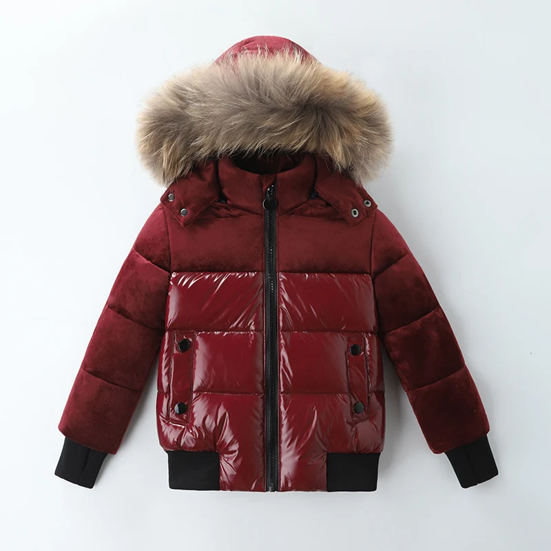 2023 Winter New Style Children's White Duck Down Jacket Real Raccoon Fur Collar Boys Girls Patchwork Flannelette Parka Coat 1-20