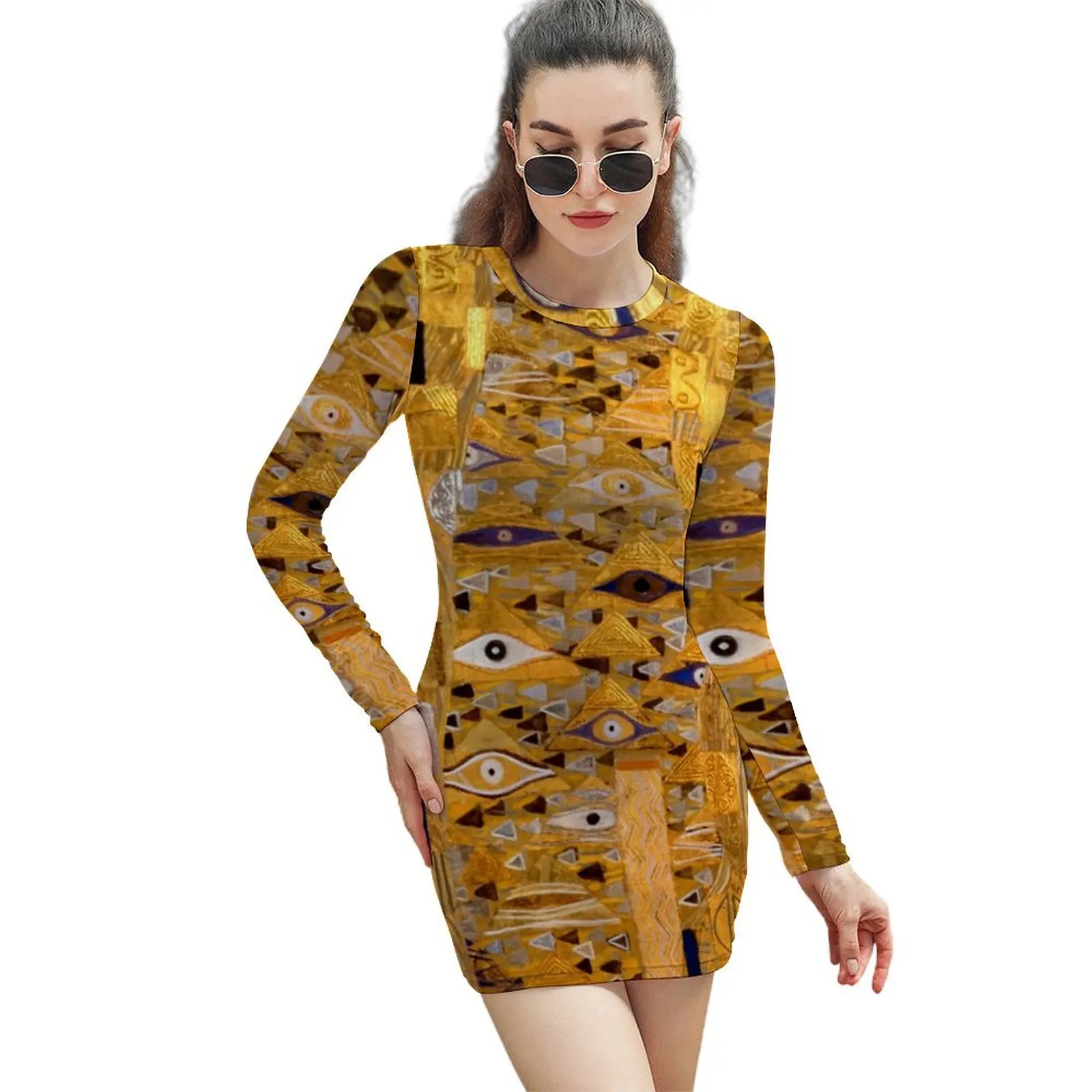 

Adele Bloch-Bauer I - Detail by Gustav Klimt Gold Long-Sleeved Sheath Dress Evening gown women clothes