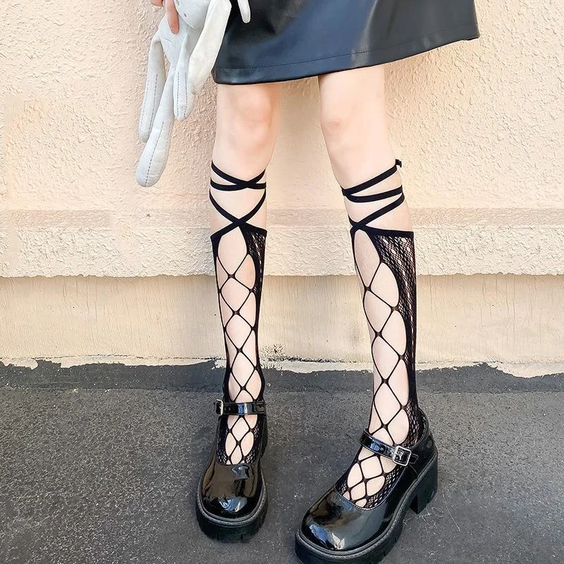 Sexy Women Stocking Lolita Uniform Thin Long Socks  Lace Mesh Fishnet Silk Stockings Love heart black Knee Sock Summer Underwear