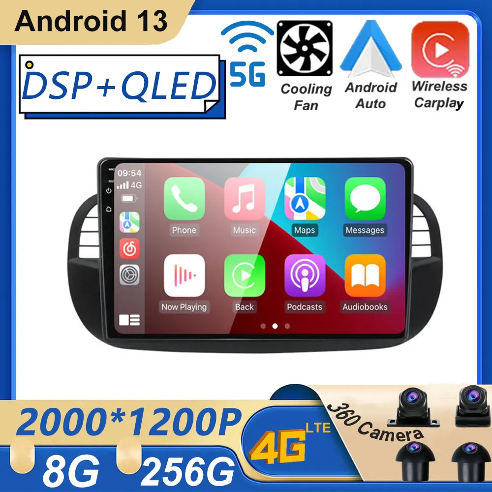 

9 Inch Car Screen Android 13.0 For Fiat 500 Wireless Carplay Wired Android Auto DSP Car Video Player Radio Multimedia GPS BT