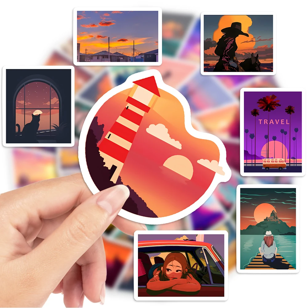 Aesthetic Sunset Illustration Arts Stickers DIY Toys Gift Waterproof Decal for Scrapbook Laptop Phone Luggage Bottles Decorative