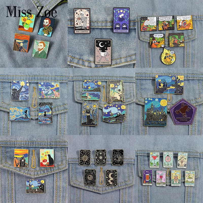 Oil Painting 3-5pcs/Set Enamel Pins Tarot Cards Night Sky Black Cat Brooches Lapel Badge Punk Gothic Jewelry Gift for Friends